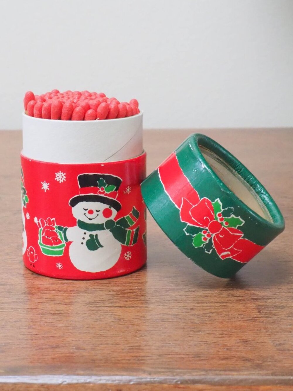 Vtg Christmas Matches and Cardboard Cylander - Vintage Christmas Themed Matches